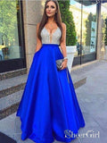 A-line V-neck Beaded Bodice Royal Blue Long Prom Dresses with Pocket APD3048-SheerGirl