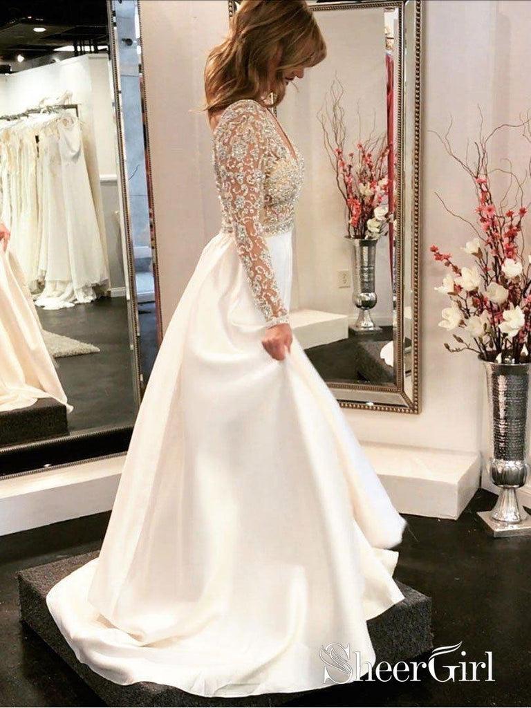 A-line V-neck Beaded See Through Bodice Long Sleeves Wedding Dresses A SheerGirl A-line V-neck Beaded See Through Bodice Long Sleeves Wedding Dresses A SheerGirl