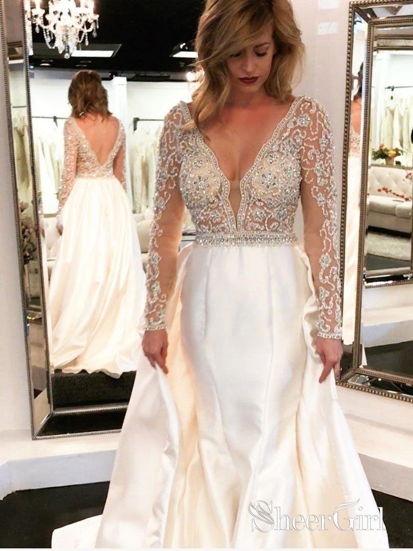 A-line V-neck Beaded See Through Bodice Long Sleeves Wedding Dresses APD2816 A-line V-neck Beaded See Through Bodice Long Sleeves Wedding Dresses APD2816