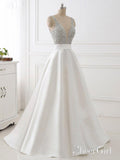 A-line V-neck Beaded Top Ivory Satin Long Prom Dresses APD3172-SheerGirl