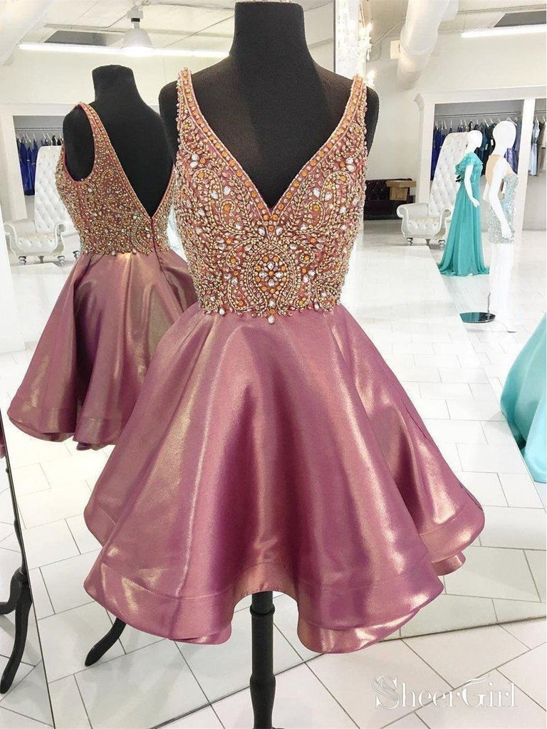 A-line V-neck Beaded Top Mini Length Short Homecoming Dresses APD2712 A-line V-neck Beaded Top Mini Length Short Homecoming Dresses APD2712