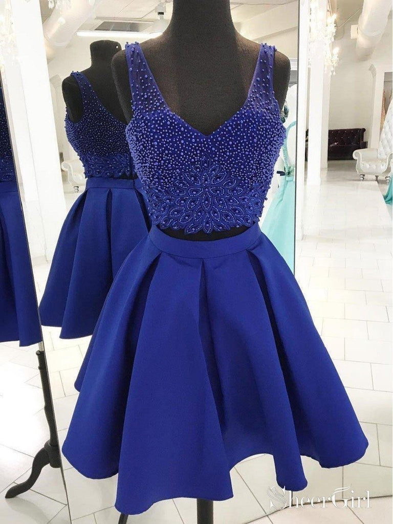 A-line V-neck Beaded Top Royal Blue 2 Piece Homecoming Dresses APD2723 A-line V-neck Beaded Top Royal Blue 2 Piece Homecoming Dresses APD2723