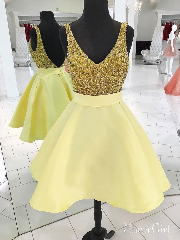 A-line V-neck Beaded Top Yellow Satin Cute Homecoming Dresses APD2767 A-line V-neck Beaded Top Yellow Satin Cute Homecoming Dresses APD2767