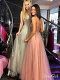 A-line V-neck Beaded Tulle Long Prom Dresses Burgundy Prom Dress APD3146-SheerGirl