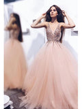 A-line V-neck Beaded Tulle Long Prom Dresses Burgundy Prom Dress APD3146-SheerGirl
