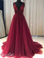A-line V-neck Beaded Tulle Long Prom Dresses Burgundy Prom Dress APD3146