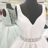 A-line V-neck Beaded White Satin Homecoming Dresses APD2740-SheerGirl