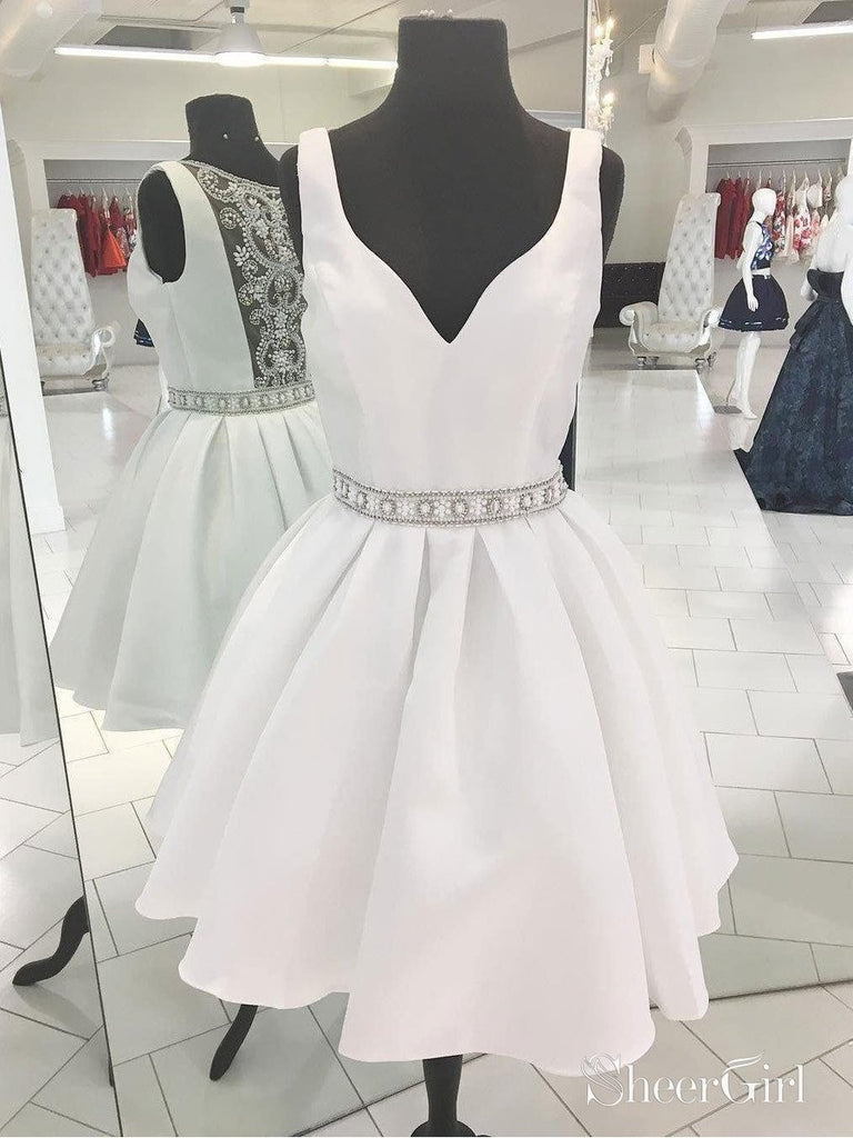 A-line V-neck Beaded White Satin Homecoming Dresses APD2740 SheerGirl A-line V-neck Beaded White Satin Homecoming Dresses APD2740 SheerGirl