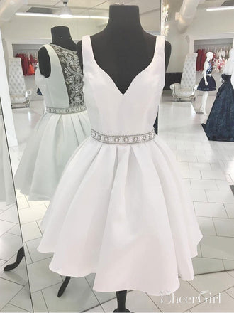 A-line V-neck Beaded White Satin Homecoming Dresses APD2740-SheerGirl