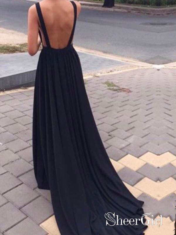 A-line V-neck Black Prom Dresses with Pockets Backless Long Prom Dress APD2844-SheerGirl