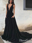 A-line V-neck Black Prom Dresses with Pockets Backless Long Prom Dress APD2844