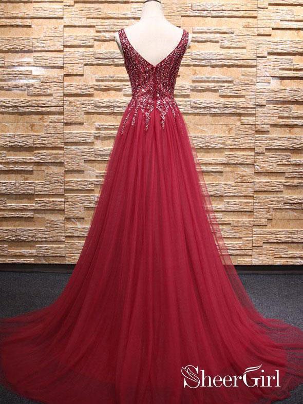 A-line V-neck Burgundy Tulle Beaded Prom Dresses with Split APD3011-SheerGirl