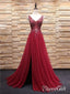 A-line V-neck Burgundy Tulle Beaded Prom Dresses with Split APD3011