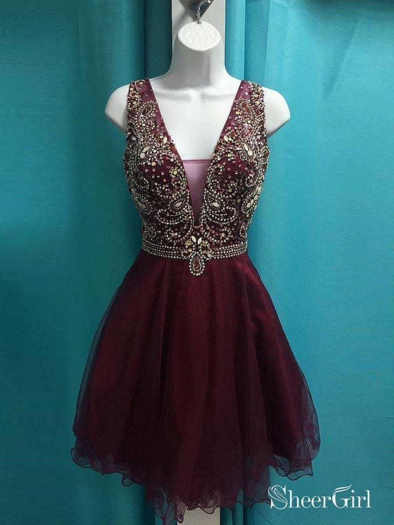 A-line V-neck Burgundy Tulle with Beaded Shiny Homecoming Dresses APD2 ...