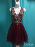 A-line V-neck Burgundy Tulle with Beaded Shiny Homecoming Dresses APD2725-SheerGirl