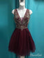 A-line V-neck Burgundy Tulle with Beaded Shiny Homecoming Dresses APD2725