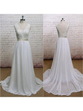 A-line V-neck Chiffon Lace Ivory Beach Wedding Dresses with Sash,APD2375-SheerGirl