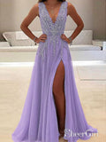 A-line V-neck Evening Dress with Slit Sexy Shiny Rhinestone Long Prom Dresses APD2079-SheerGirl