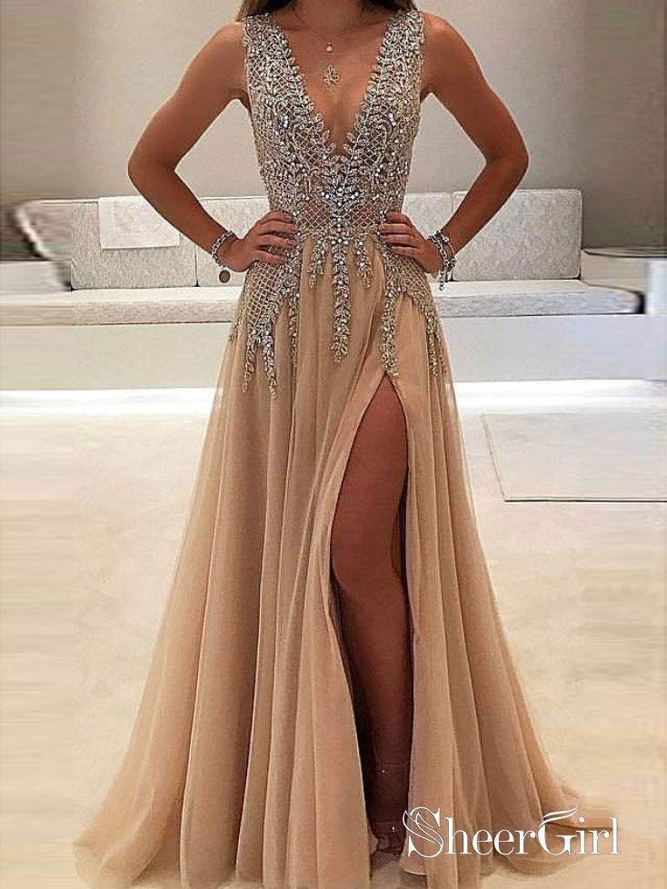 A-line V-neck Evening Dress with Slit Sexy Shiny Rhinestone Long Prom Dresses APD2079 A-line V-neck Evening Dress with Slit Sexy Shiny Rhinestone Long Prom Dresses APD2079