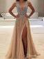 A-line V-neck Evening Dress with Slit Sexy Shiny Rhinestone Long Prom Dresses APD2079