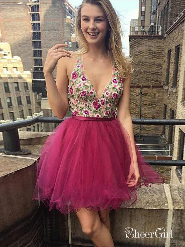 A-line V-neck Floral Embroidery Top Mini Short Homecoming Dresses apd2586 A-line V-neck Floral Embroidery Top Mini Short Homecoming Dresses apd2586