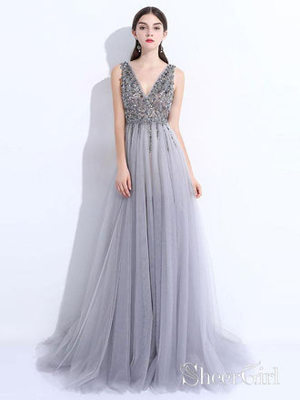 A-line V-neck Grey Tulle Beaded Long Prom Dresses with Split APD3005-SheerGirl