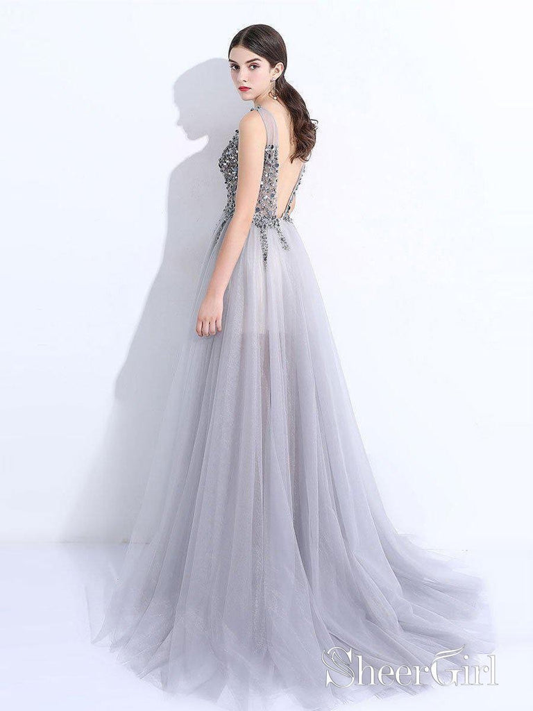 A-line V-neck Grey Tulle Beaded Long Prom Dresses with Split APD3005-SheerGirl