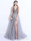 A-line V-neck Grey Tulle Beaded Long Prom Dresses with Split APD3005