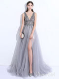 A-line V-neck Grey Tulle Beaded Long Prom Dresses with Split APD3005-SheerGirl