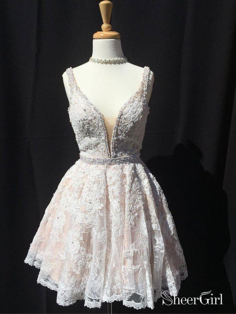A-line V-neck Ivory Lace Beaded Homecoming Dresses Short Prom Gowns APD2698-SheerGirl