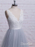 A-line V-neck Ivory Lace Bodice Grey Tulle Skirt Chapel Train Wedding Dresses,apd2543-SheerGirl