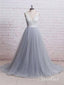 A-line V-neck Ivory Lace Bodice Grey Tulle Skirt Chapel Train Wedding Dresses,apd2543