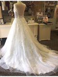 A-line V-neck Ivory Lace Wedding Dresses with Chapel Train SWD0040-SheerGirl