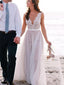 Vestidos de novia de playa con parte superior transparente y apliques de encaje con cuello en V, apd2449 