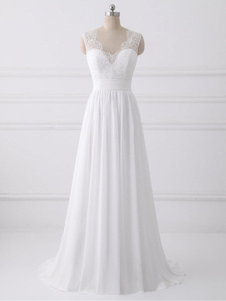 A-Line V-Neck Lace Bodice Ivory Chiffon Beach Wedding Dresses SWD0035