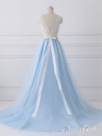 A-line V-neck Lace Top Sky Blue Skirt Cheap Prom Dresses with Sash SWD0018-SheerGirl