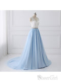 A-line V-neck Lace Top Sky Blue Skirt Cheap Prom Dresses with Sash SWD0018-SheerGirl
