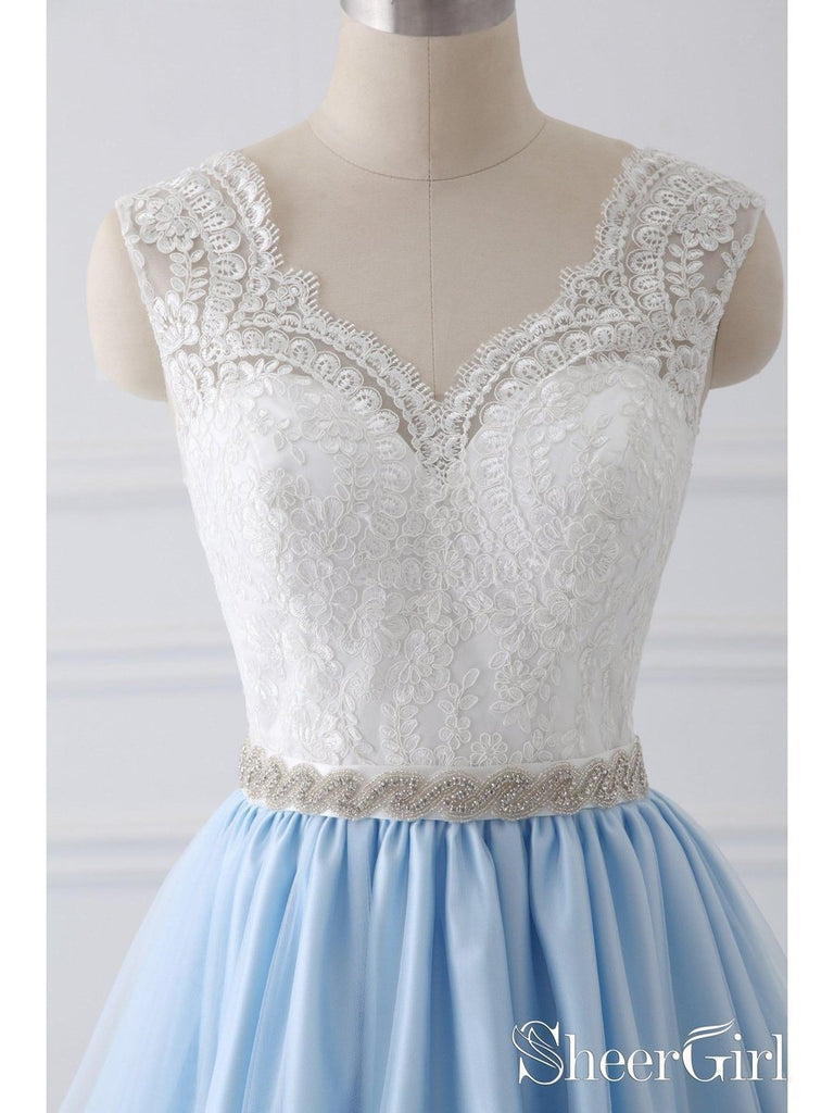 A-line V-neck Lace Top Sky Blue Skirt Cheap Prom Dresses with Sash SWD0018 A-line V-neck Lace Top Sky Blue Skirt Cheap Prom Dresses with Sash SWD0018