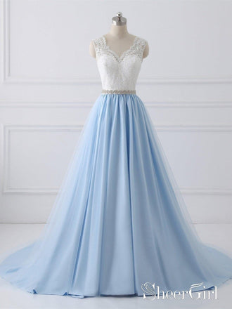 A-line V-neck Lace Top Sky Blue Skirt Cheap Prom Dresses with Sash SWD0018-SheerGirl