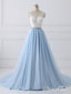A-line V-neck Lace Top Sky Blue Skirt Cheap Prom Dresses with Sash SWD0018