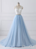 A-line V-neck Lace Top Sky Blue Skirt Cheap Prom Dresses with Sash SWD0018-SheerGirl