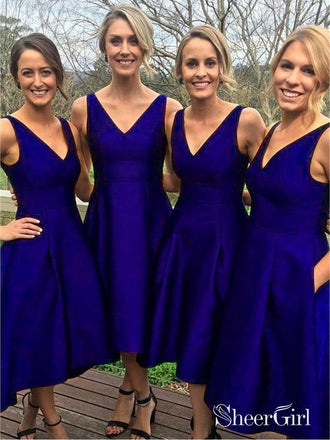 A-line V-neck Navy Satin Wedding Midi Bridesmaid Dresses High Low Party Dress APD2753-SheerGirl