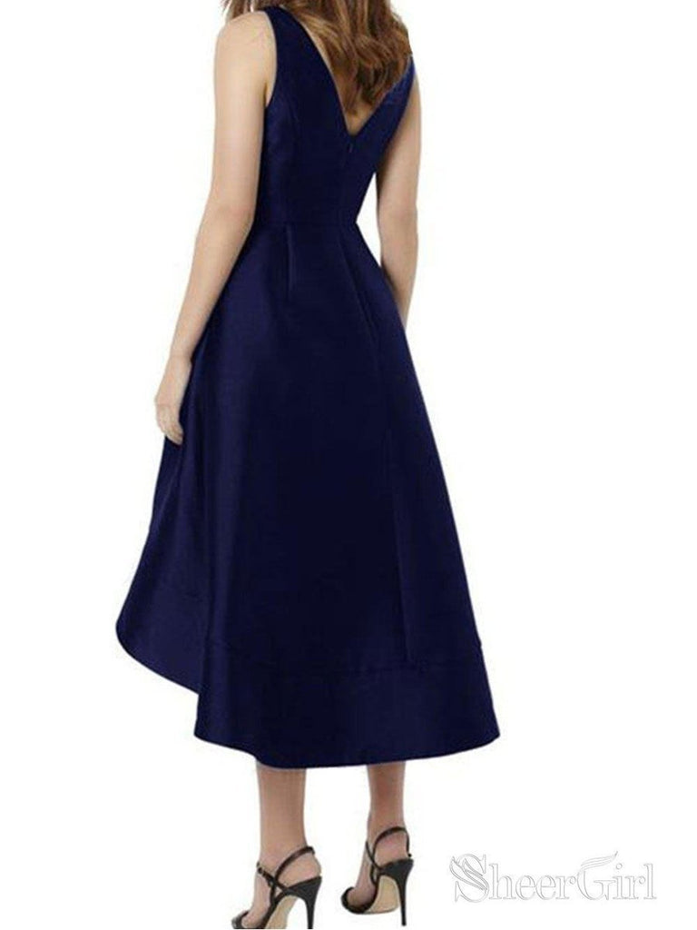 A-line V-neck Navy Satin Wedding Midi Bridesmaid Dresses High Low Party Dress APD2753 A-line V-neck Navy Satin Wedding Midi Bridesmaid Dresses High Low Party Dress APD2753