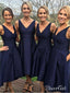 A-line V-neck Navy Satin Wedding Midi Bridesmaid Dresses High Low Party Dress APD2753