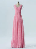 A-line V-neck Pink Chiffon and Lace Long Wedding Party Dresses APD2870-SheerGirl