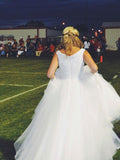 A-line V-neck Rhinestone Beaded White Tulle Wedding Dresses,Long Prom Dresses APD2834-SheerGirl