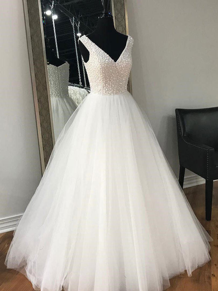 A-line V-neck Rhinestone Beaded White Tulle Wedding Dresses,Long Prom SheerGirl A-line V-neck Rhinestone Beaded White Tulle Wedding Dresses,Long Prom SheerGirl