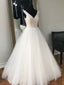 A-line V-neck Rhinestone Beaded White Tulle Wedding Dresses,Long Prom Dresses APD2834