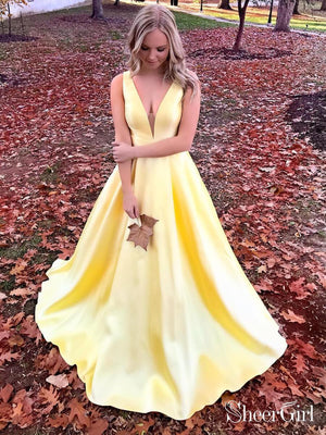 A-line V-neck Satin Long Cheap Red Prom Dresses with Pocket APD3101-SheerGirl