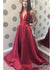 A-line V-neck Satin Long Cheap Red Prom Dresses with Pocket APD3101-SheerGirl